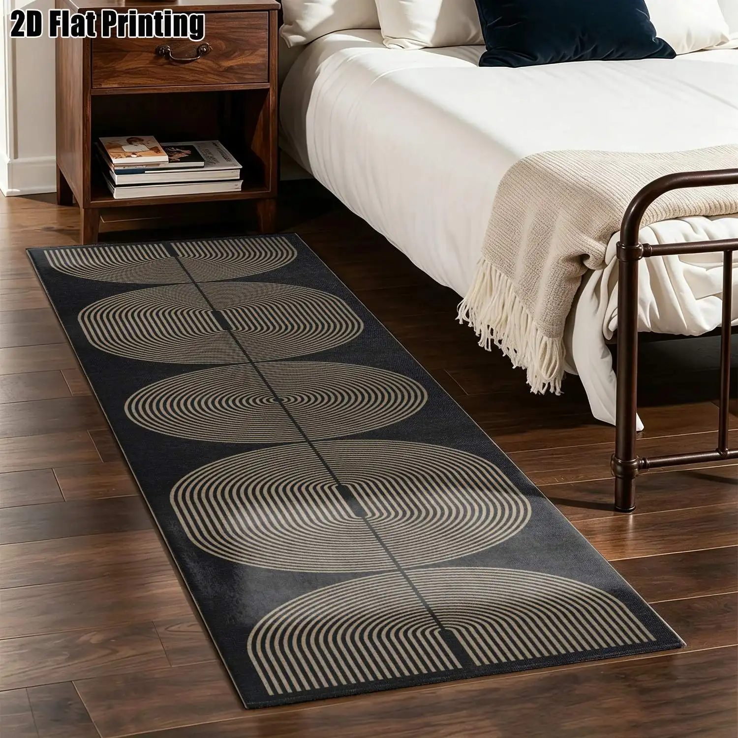 1Pc 2D Printed Long Strip Runner Rug: Nordic/Instagram/Modern Minimalist Geometric Line Rug, Black Base Beige Pattern, Machine Washable, Suitable for Entryway, Hallway, Living Room, Bedroom, Home Decor, Multiple Sizes
