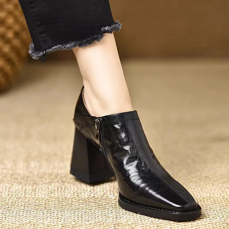 Woman Simple Shoes Sheepskin Retro Thick Heeled Basic Shoes on Heel French Style Loafers Spring Atumn Slip on Dress Work Pumps