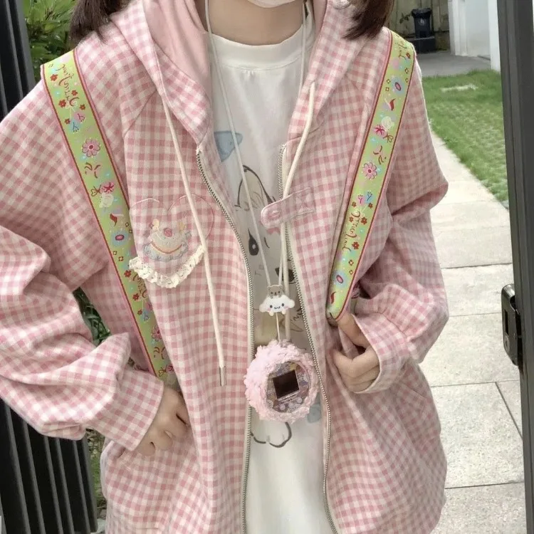 Fashion Sweet Strawberry Cake Embroidery Jackets Summer Long Sleeve Zipper Hoodie Tops Y2k Kpop Pink Plaid Heart Coat Women