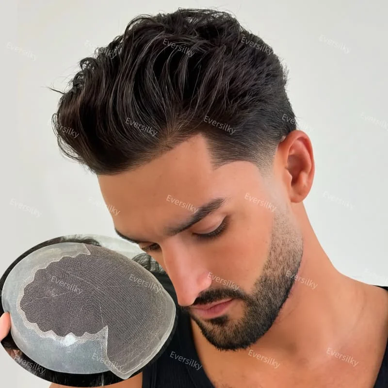 شعري طبيعي رخيص q6 شعر مستعار للرجال غير قابل للاكتشاف # 1 # 1b الدانتيل الأسود الطبيعي وpu 30mm موجة شعر مستعار للرجال الاصطناعية #3