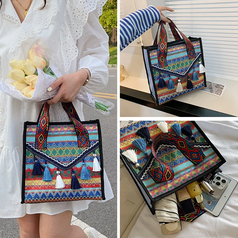 Ethnic Style Tote Bag Handbag Large Capacity Handbag Autumn women's Bag Fashionable Travel Decor Ethnic Style Tassel Handbag