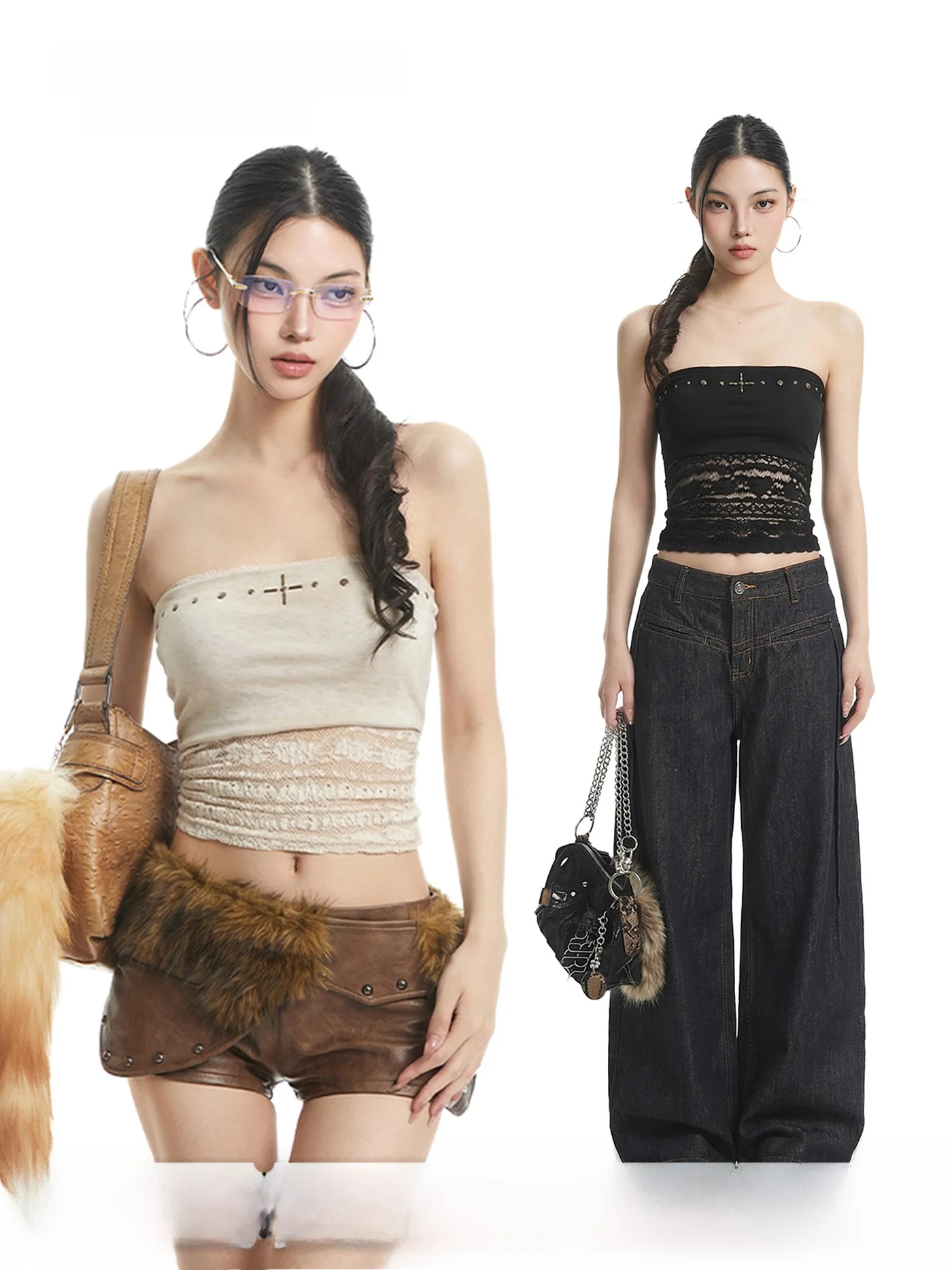 UNCMHISEX Spicy Girl Lace Crop Top And Vest Two-Piece Set Women's Design Hollow out Tight Fit Fashion Spring Short Length