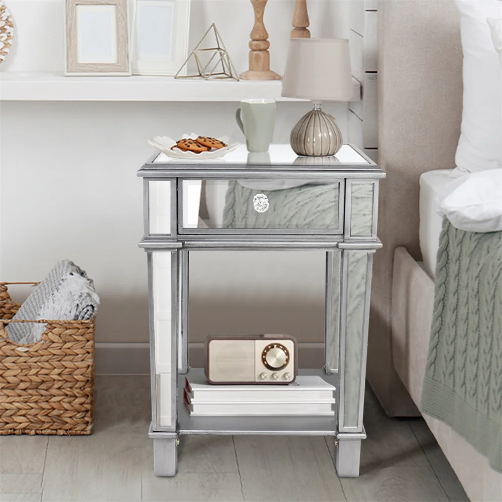 LUVODI Silver Glass Mirrored Side Table Nightstand Beside Table with Drawer and Open Shelf