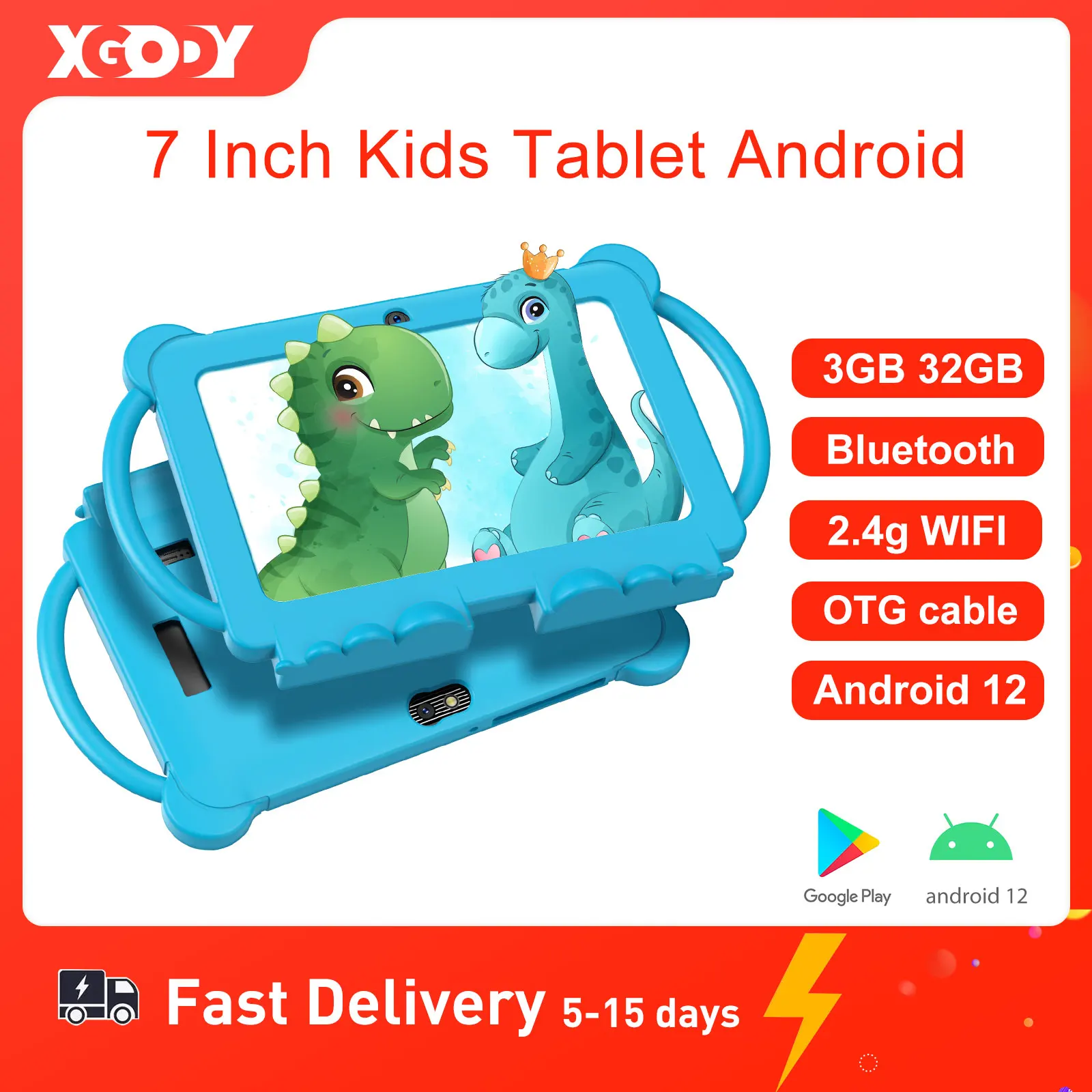 

XGODY Android Kids Tablet For Study Education 32GB ROM 7 Inch IPS Screen PC Type C WiFi OTG Children Tablets With Cute Case