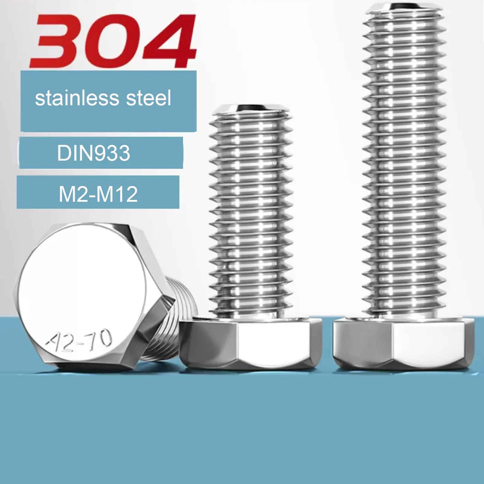 1/25pcs DIN933 304 Stainless Steel Hex Head Screw Bolt Full Set Extended Screw M2 M3 M4 M5 M6 M8 M10 M12