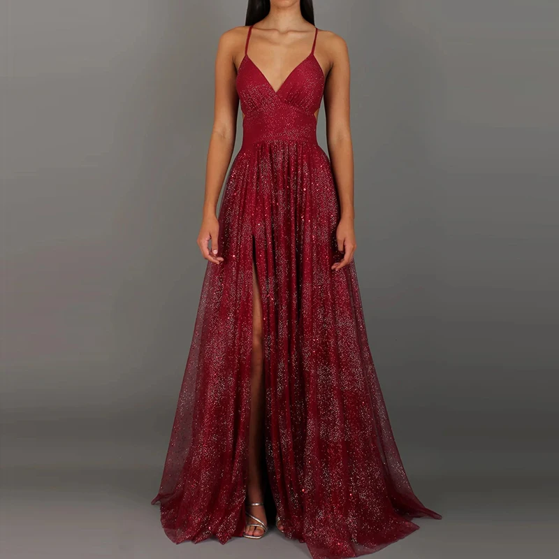 فستان صيفي كاجوال شبكي مطوي بتصميم بسيط، تنورة طويلة نسائية لامعة بخصر مرتفع، فستان حفلات مثير بياقة على شكل V وظهر مكشوف