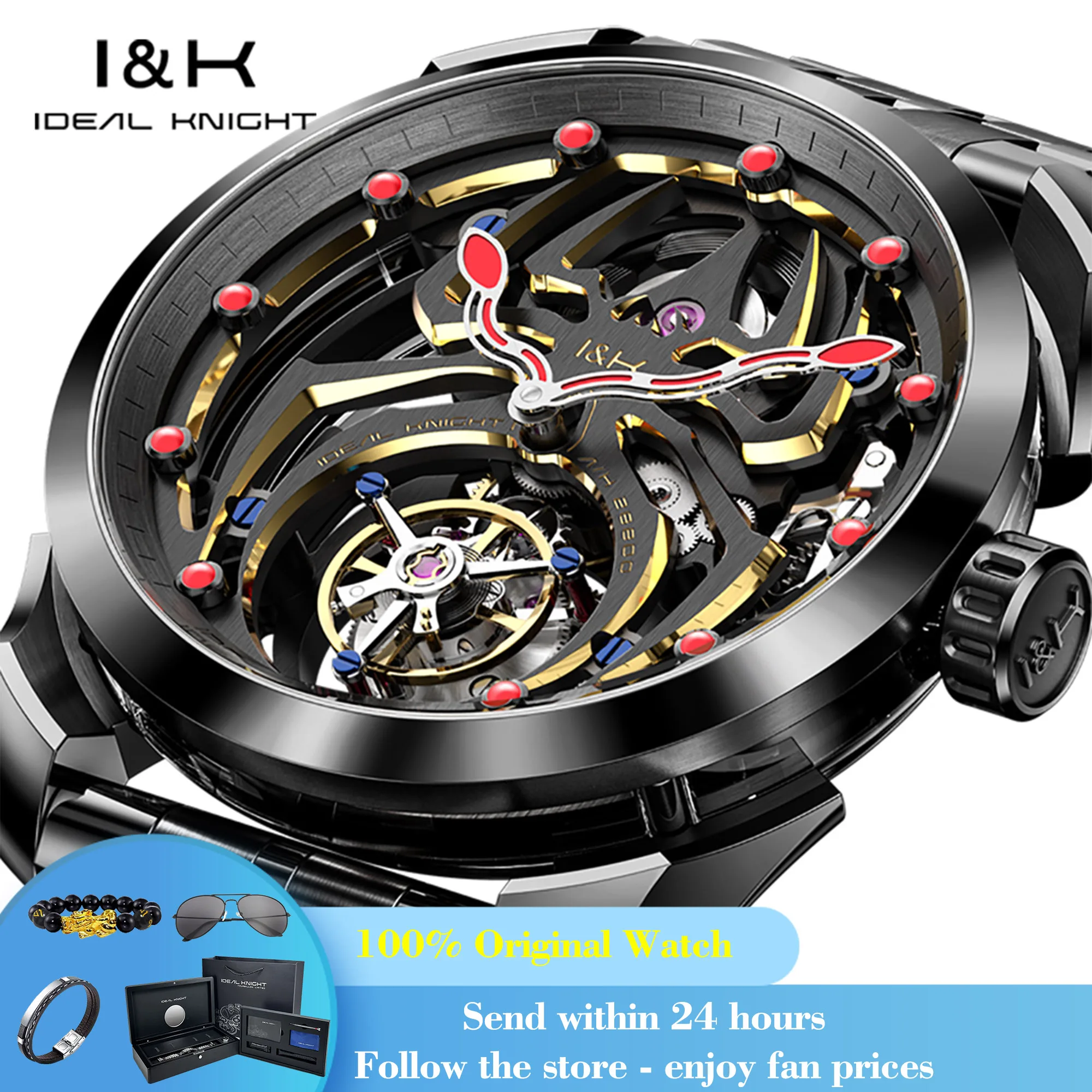 

IDEAL KNIGHT 6802, автоматические часы для мужчин, механические наручные часы с полым скелетом, водонепроницаемые мужские часы с турбийоном, сапфировое зеркало