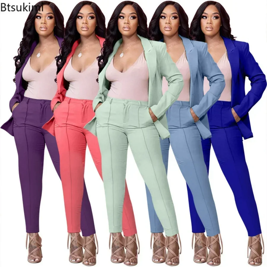 New 2024 Women's Formal Pant Sets Solid Casual Business Single Breasted Blazers Jacket Pants Elegant Office Ladies 2 Piece Sets