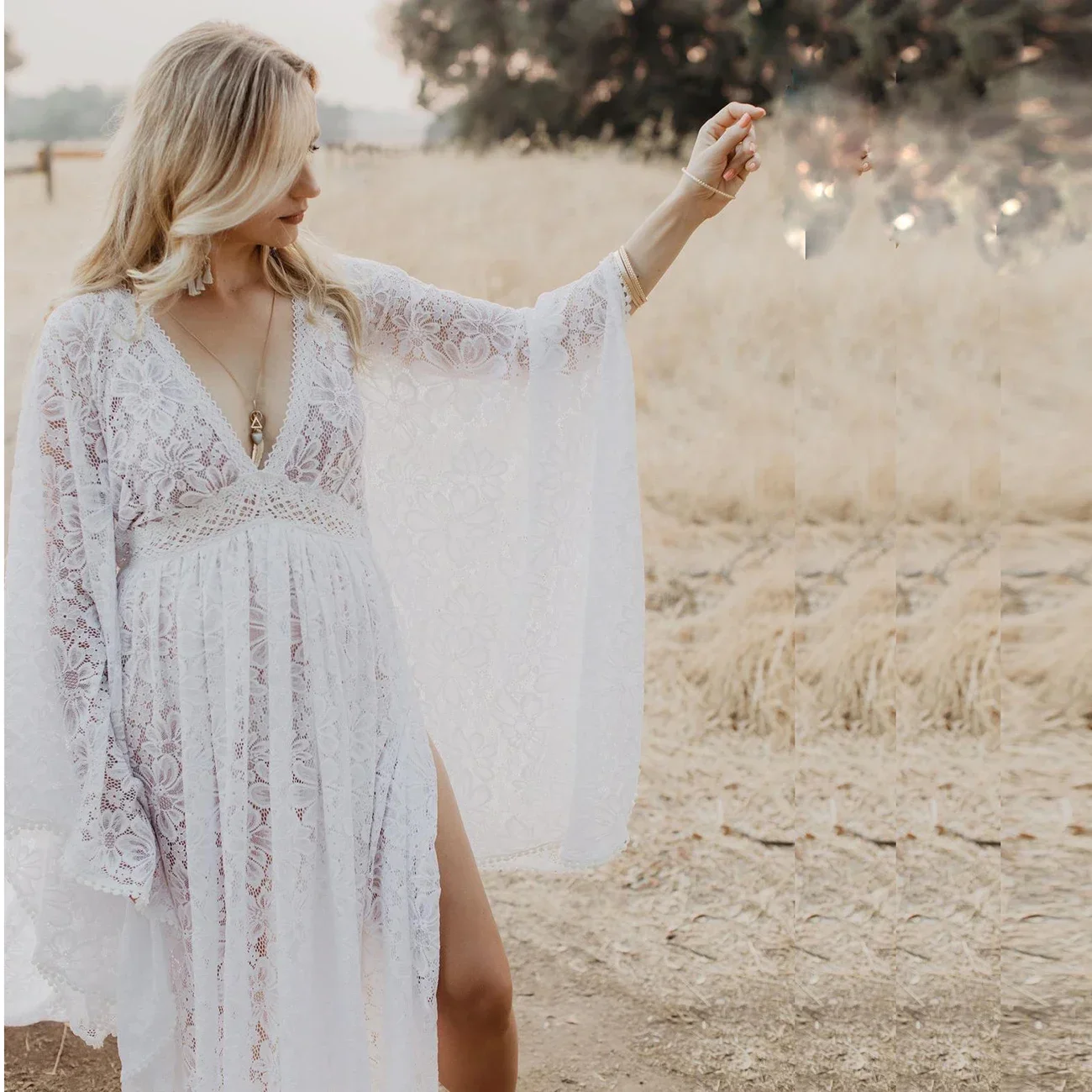 White V-neck Boho Maternity Dress Sexy Backless Floor-Length Photography Prop Women's Long Gown for Photo Shoots