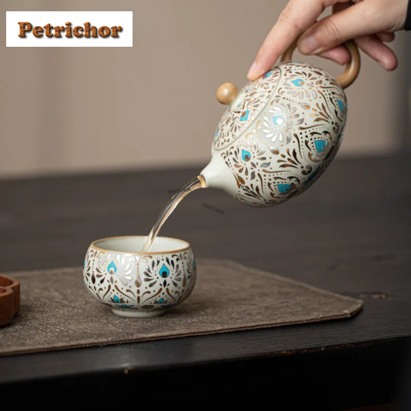 HOYIHM 220ml Ru Kiln Dunhuang Phoenix Feather Teapot Zen Tea Infuser Pot Tea Making Kettle With Strainer Tableware Ornaments
