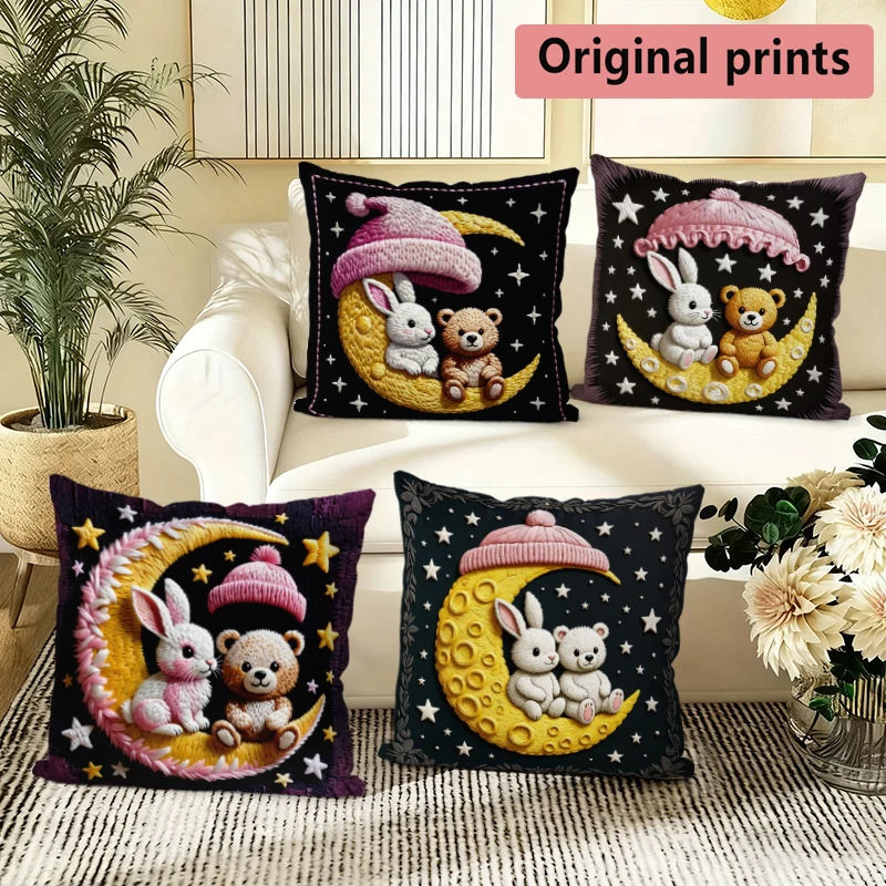 

Cute Moon Bunny Bear Print Throw Pillow Covers Pattern Cushion Cover Suitable For Sofa Bedroom Car Pillow Cover