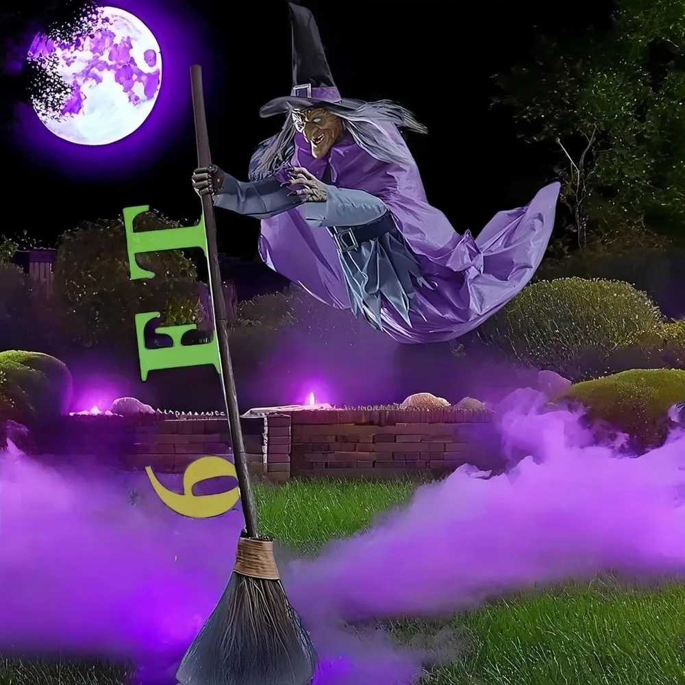 

Halloween Animated Hovering Witch Animatronics 6 FT With Lights Garden Props Flying Witch Purple Hovering Witch Decorations