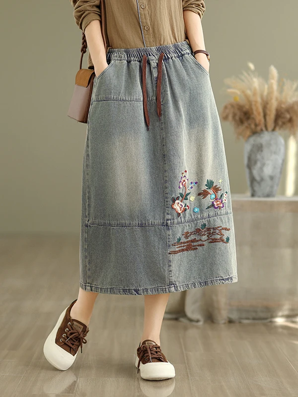 

Ethnic Embroidered Waed Denim A-Line Skirt Large Size Women's Dstring Elastic Waist f-length Autumn Faion Casual
