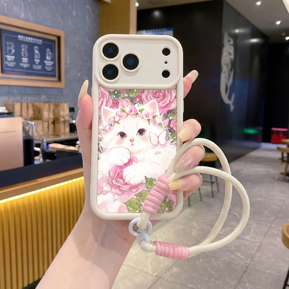 Phone Cases For Samsung Galaxy S23 Plus S26 S25 S24 Note 20 Ultra A55 A36 A54 A16 A56 Wrist Strap Luxury Pink Rose Cat Cover