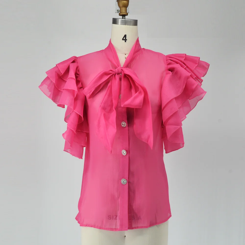 Women\'s Blouse Fashion New 2023 Ruffles Short Sleeve Elegant Feminine Shirts Spring Summer Soid Color Fitting Ladies Tops