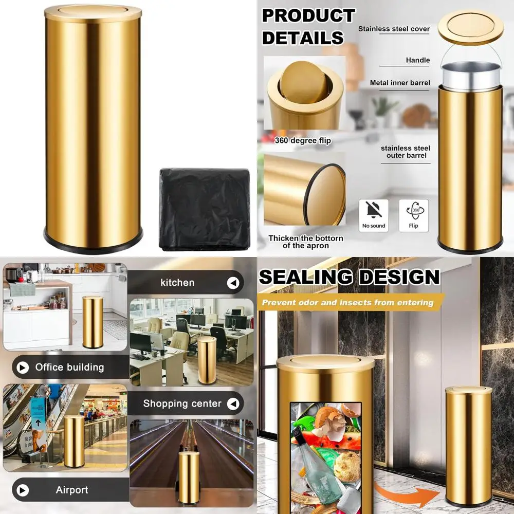 

30L Metallic Gold Trash Bin with 8 Gallon Capacity, 100 Bags, Flip Lid for Commercial Use in Hotels and Elevators
