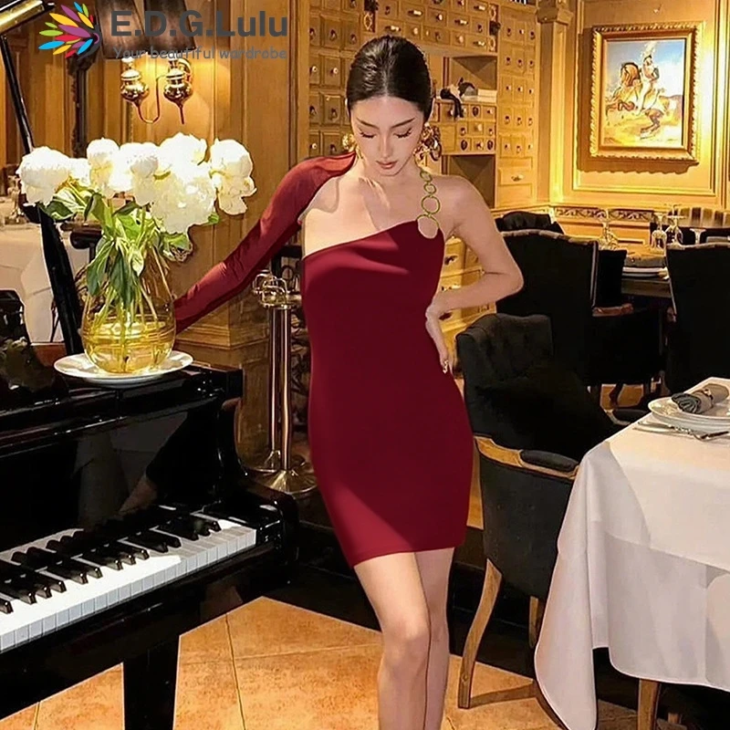 EDGLuLu Asymmetric Collar Bodycon Mini Party Dress Woman Sexy See Through Long Sleeve One Shoulder Dresses 0926