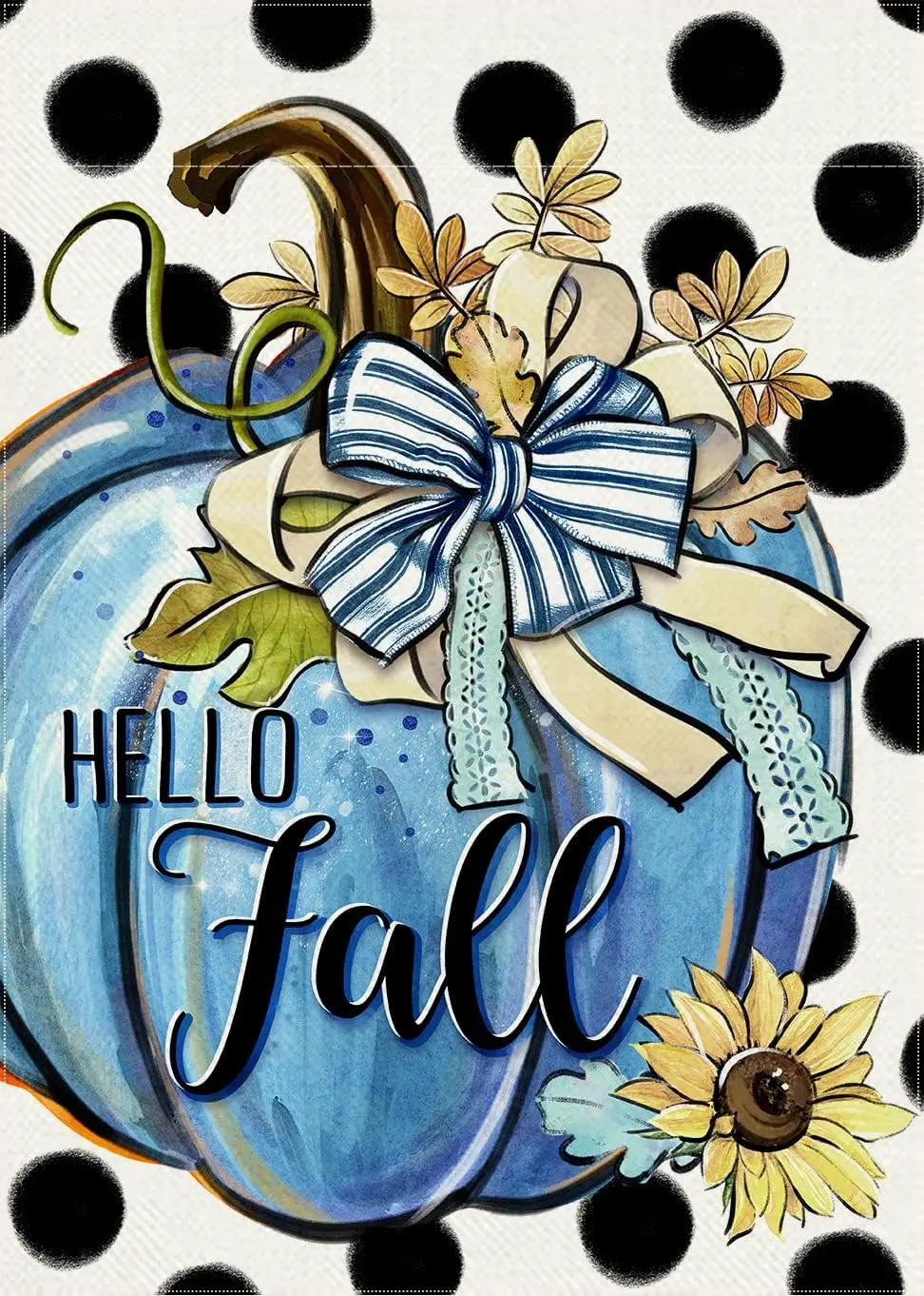 Hello Fall Teal Blue Pumpkin Decorative Garden Flag, Autumn Polka Dots Farmhouse Yard Outside Decorations, Thanksgiving Seasonal