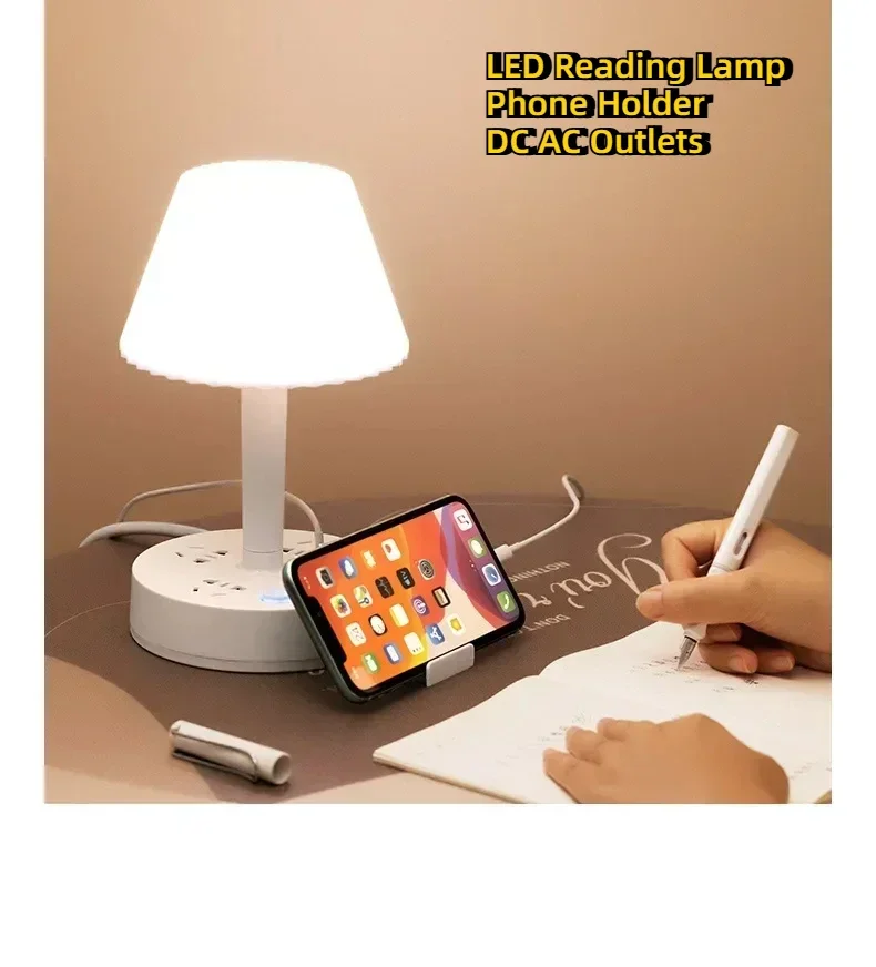 USB Charging LED Lamp with 3AC Outlets 2 Ports 2500W/10A Overload Protection Power StripTable Lamp Cellphone Holder Bedroom