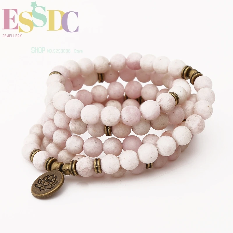 Buddhist 108 Mala Natural Mashan Stone Pink White Lotus Pendant Fashion Women's Chakra Yoga Healing Bracelet Wholesale