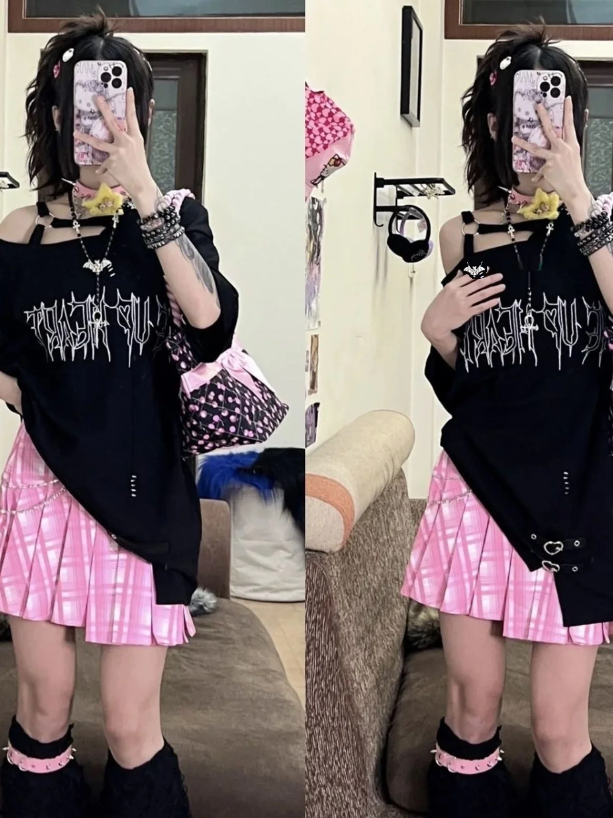 

Gothic k Sle Embroidered oulder Bared mid Length T irt Women's ort Sve Loose Fit Summer Top Y2K Faion Trend