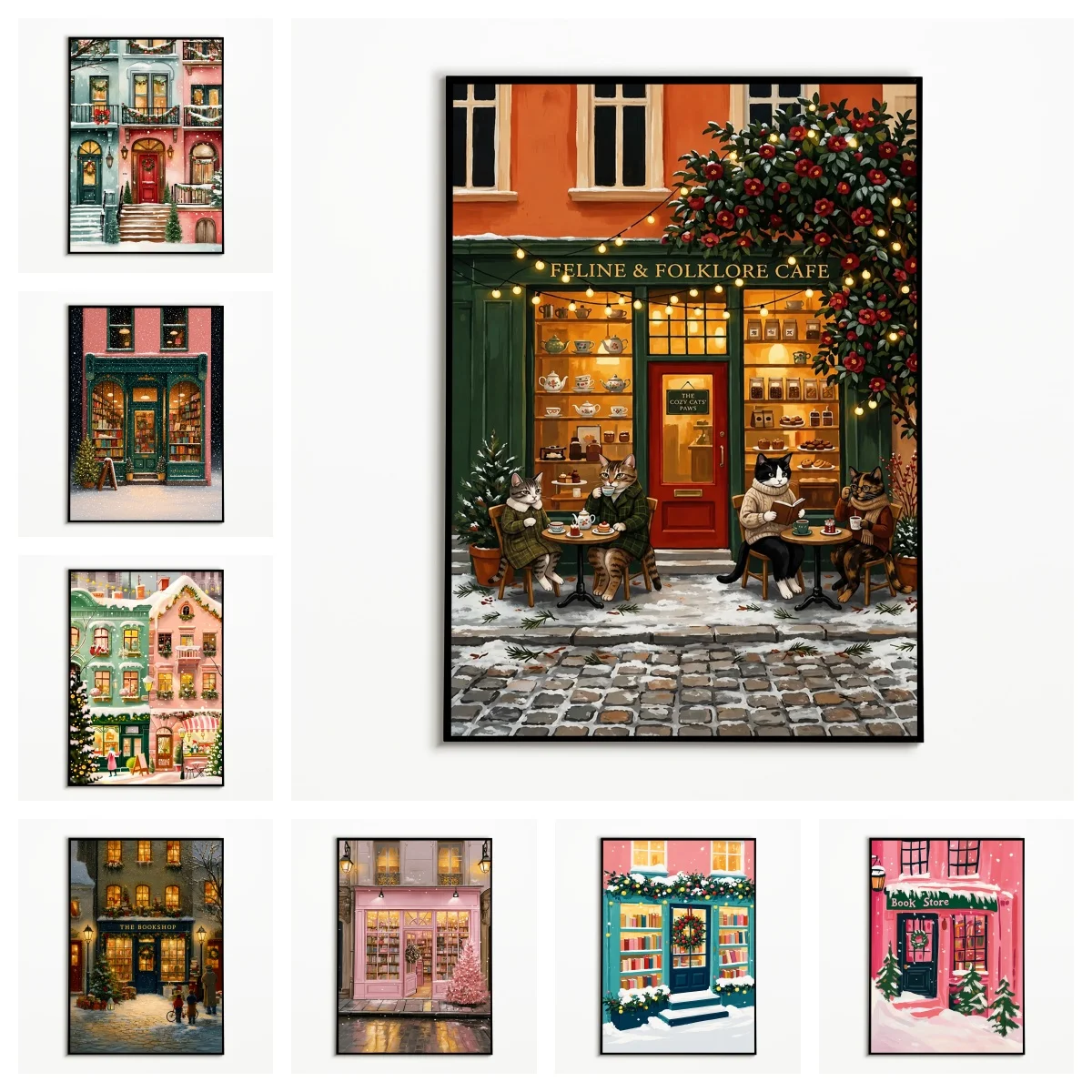 1PC Winter Cat Café Bookstore Poster European Street Side Snow Scene Wall Art Christmas Canvas Printing Festival Gift Room De