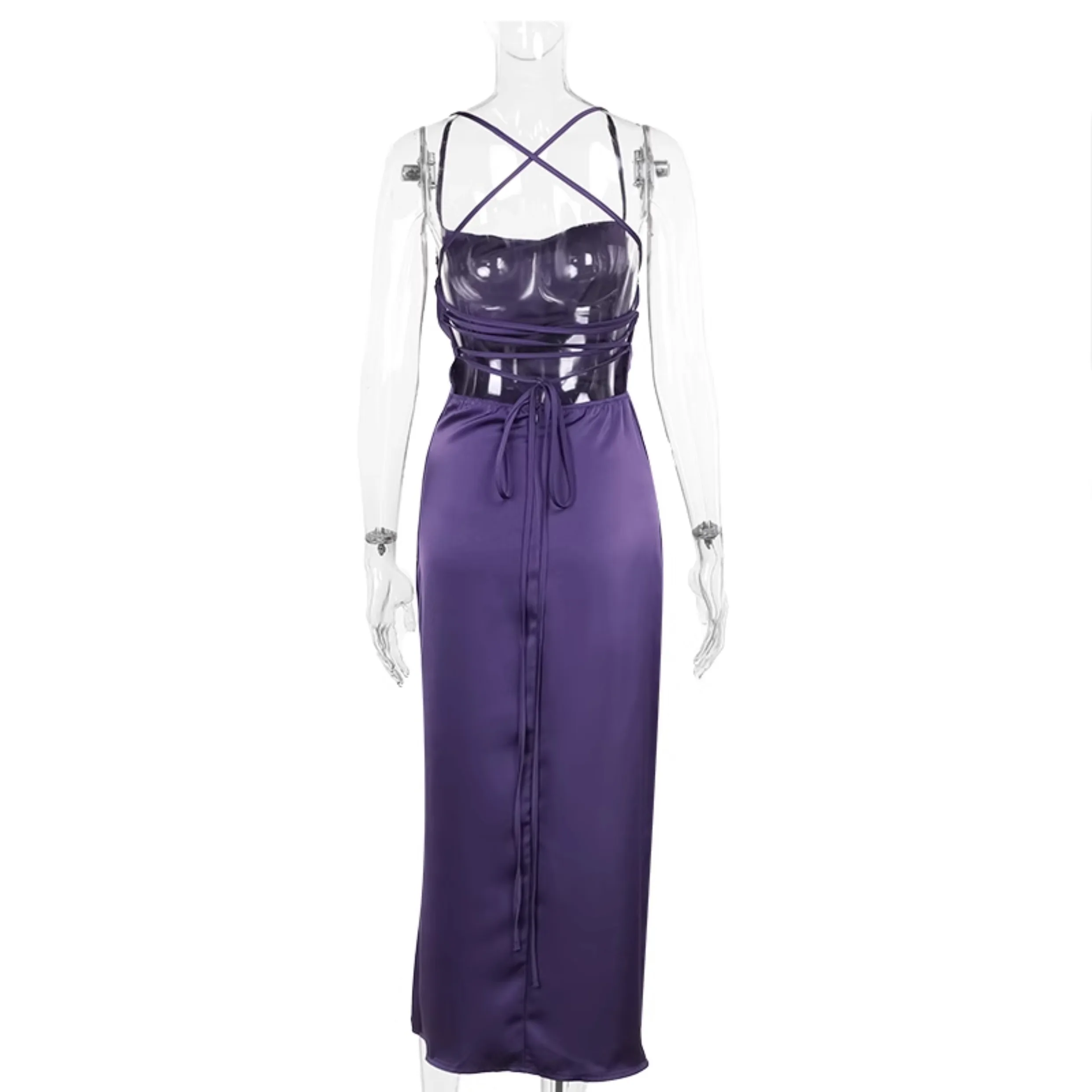 Temperament Paars Satijn Charme Halsgemonteerde Lange Splitjurk Dames Europese en Amerikaanse Sexy Elegante Backless Onregelmatige Jurken