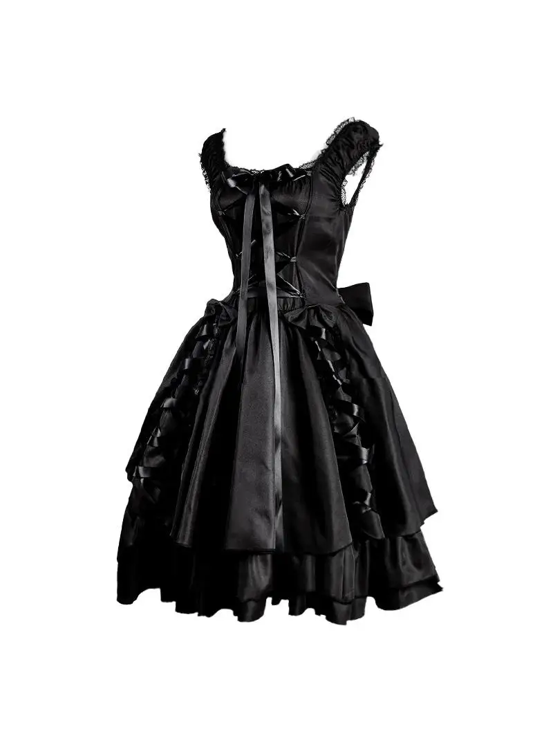 

Classic Bla loween Cosplay Dr Women's Lace Collar Layered Bowtie Gothic Lolita Dr Chinese Production 2024 Autumn