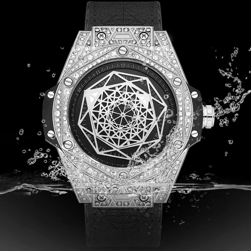 PINTIME Fashion Full Diamond Quartz Men's Watch Trendy Street Style 30ATM Waterproof Tarot Design Fashion Men's Quartz Watch