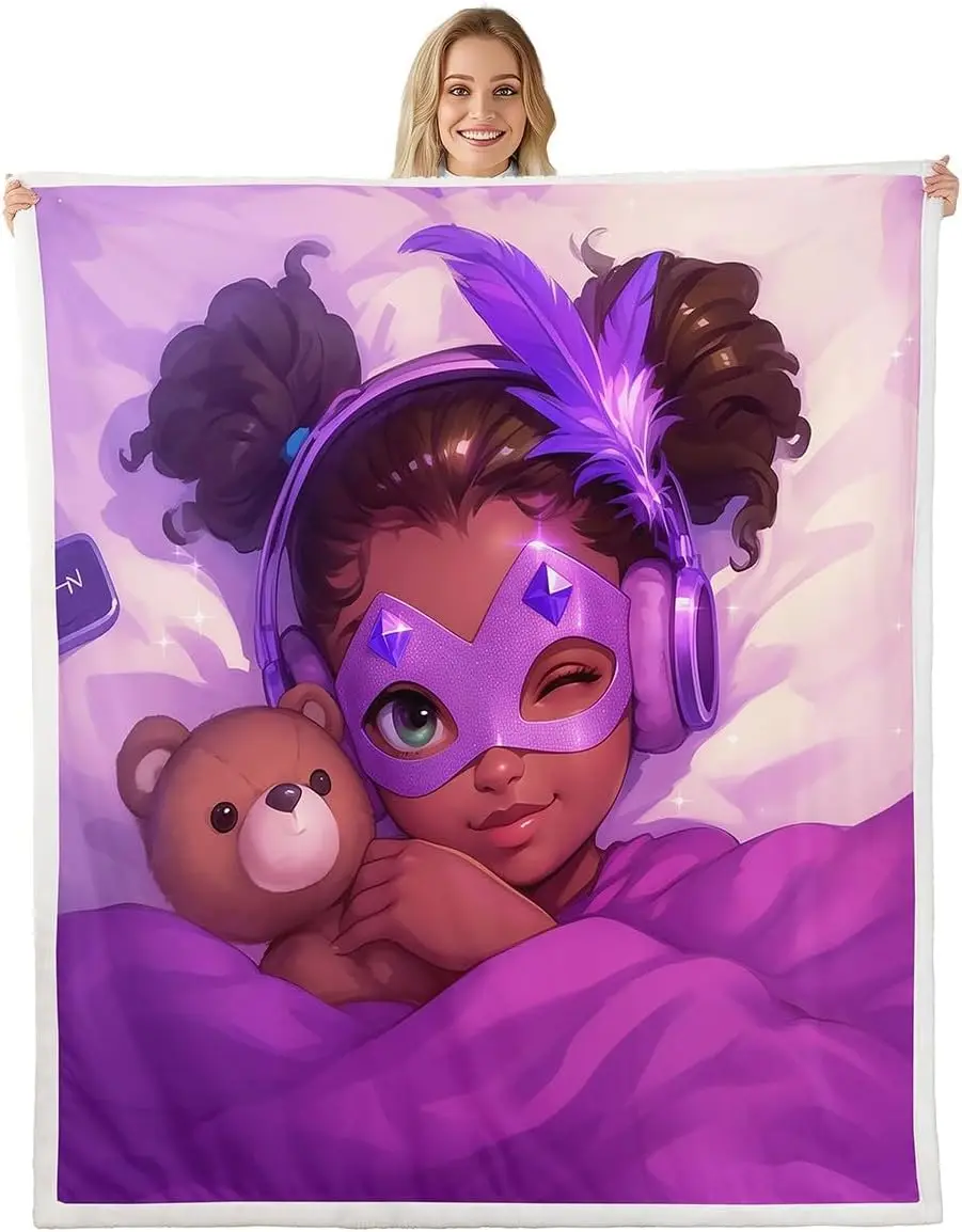 Superhero girl blanket purple mask design cute cartoon character soft throw kids room decor bedroom textile cozy accessory