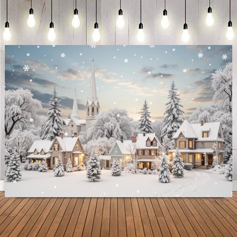 Background for Christmas Photography Xmas Winter Window Curtains Frozen Pine Forest Snow Kids Family Party Background Decor view 3