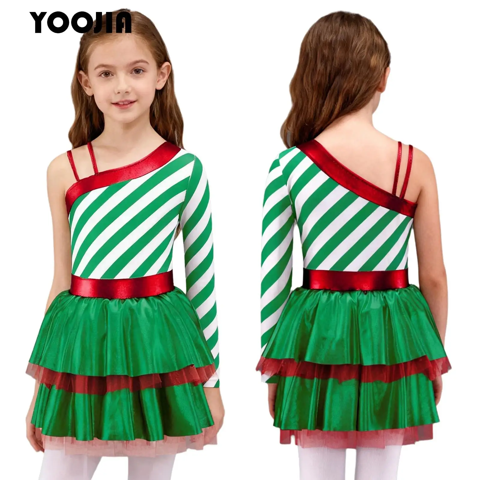 

Christmas Candy Cane Ballet Tutu Dance Dress for Kids Girl One Shoulder Elf Party Costumes Gymnastics Leotard Skating Dancewear