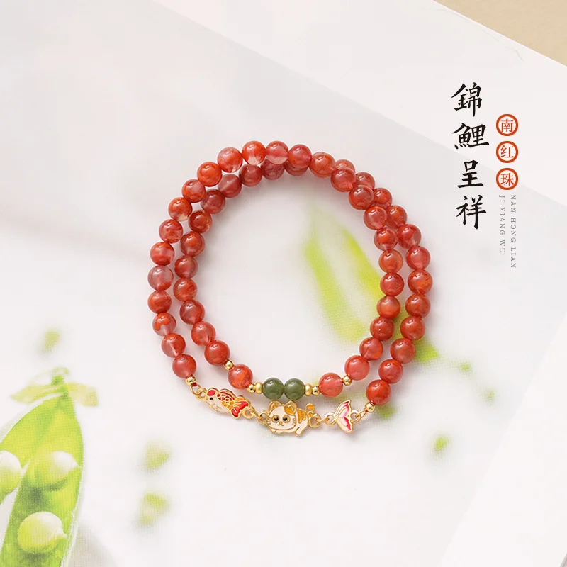 

Новый модный южный браслет Koi в китайском стиле с двойным кругом и красным агатом, изысканный браслет на удачу для женщин, ручная веревка