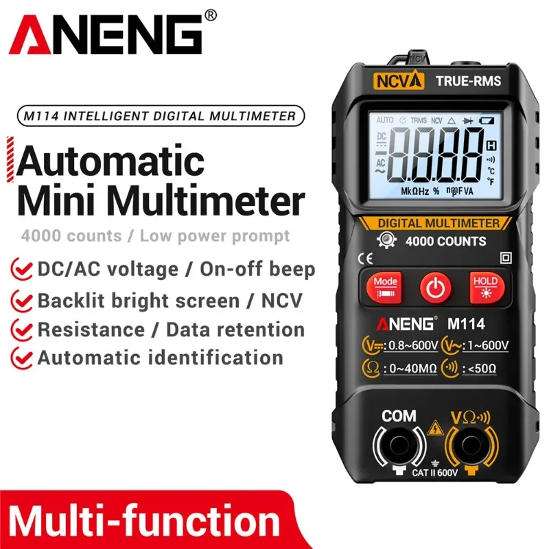 

ANENG M114 Multimeter 600V AC/DC Voltage Tester NCV 40MΩ Resistance Meter 4000-Count Multitester with True-RMS & Buzzer Tools