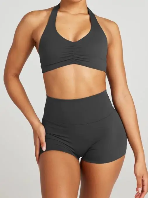 

Sports Gym Clothes Woman Set Hanging Neck Yoga Shorts Two-Piece Set Round Neck Hanging Neck Camisole Top High Waisted Shorts Set
