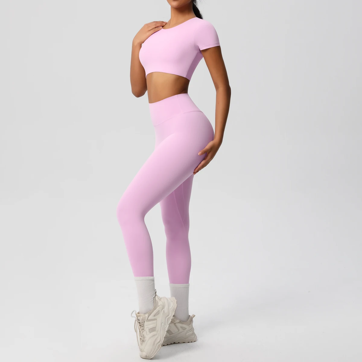 2 Pieces Scrunch T-Shirt and Pants Yoga Set Solid Color Quick Drying Sports Fitness Clothing High Strength Workout Yoga Set