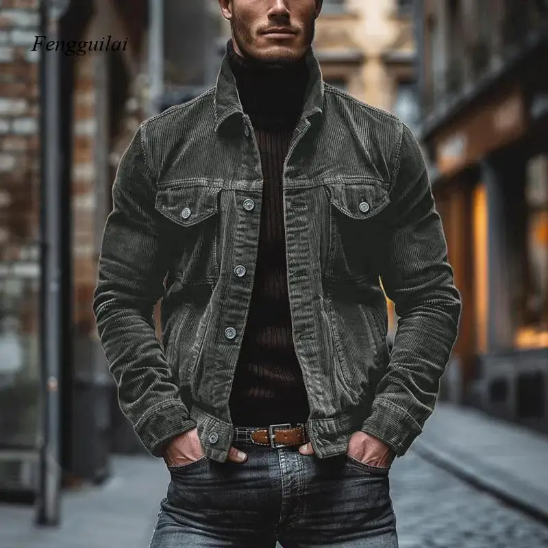Classic Button-Up Trucker Coat with Flap Pockets, Slim Fit Retro Casual Outerwear, Soft Textured Corduroy Fabric