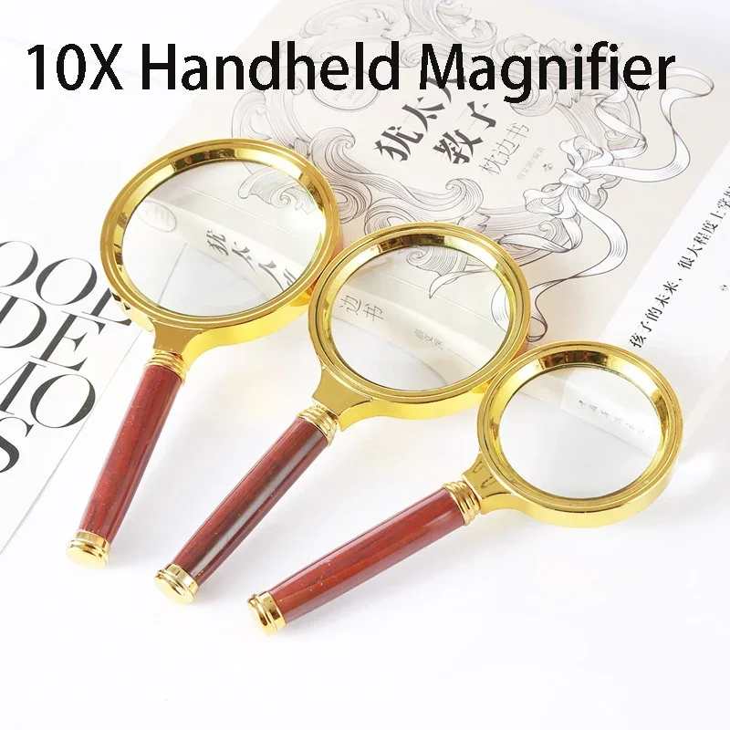 10X Handheld Magnifier Glass Antique Wooden Handle Retro Handle Magnifier Eye Loupe Glass Seniors Reading Inspection Magnifiers