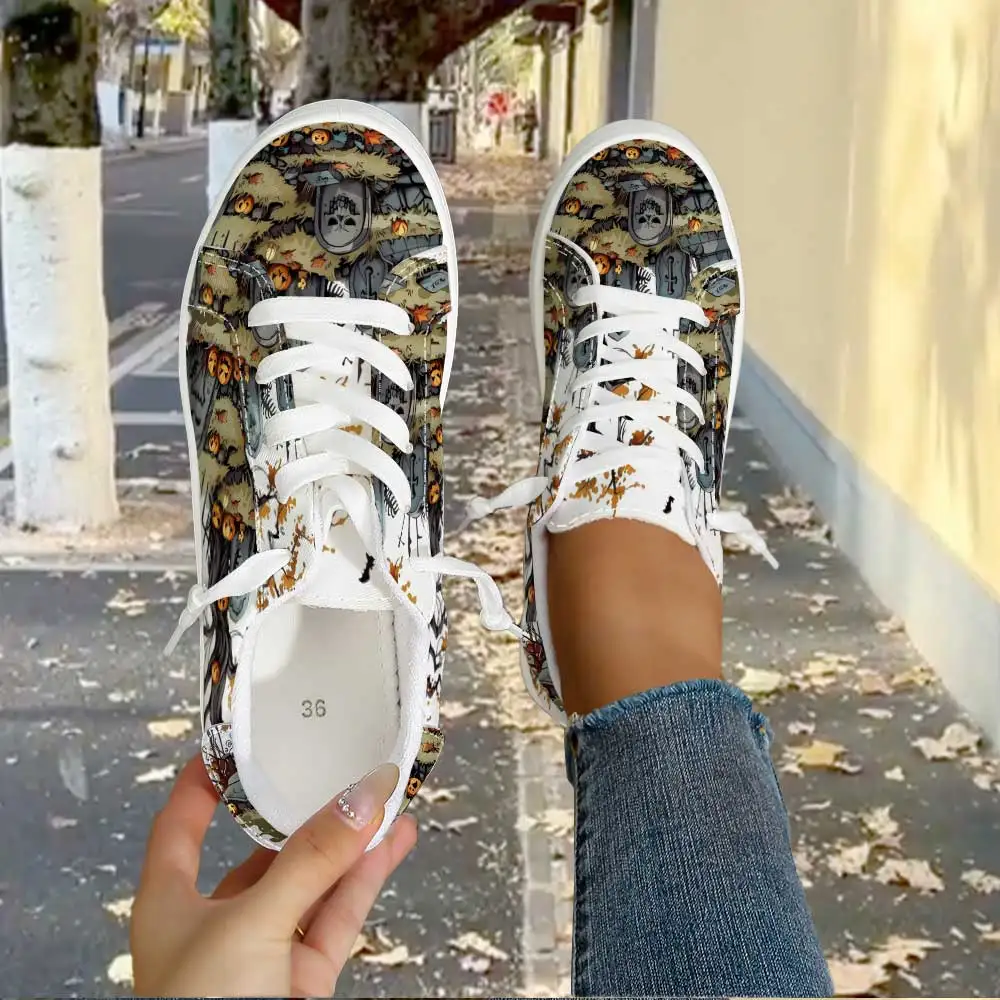 Retro Halloween Graveyard Pumpkin Women Canvas Sneakers, Lace‑Up Low‑Top Shoes, Tombstone Spooky Print Casual Daily Walking Foot