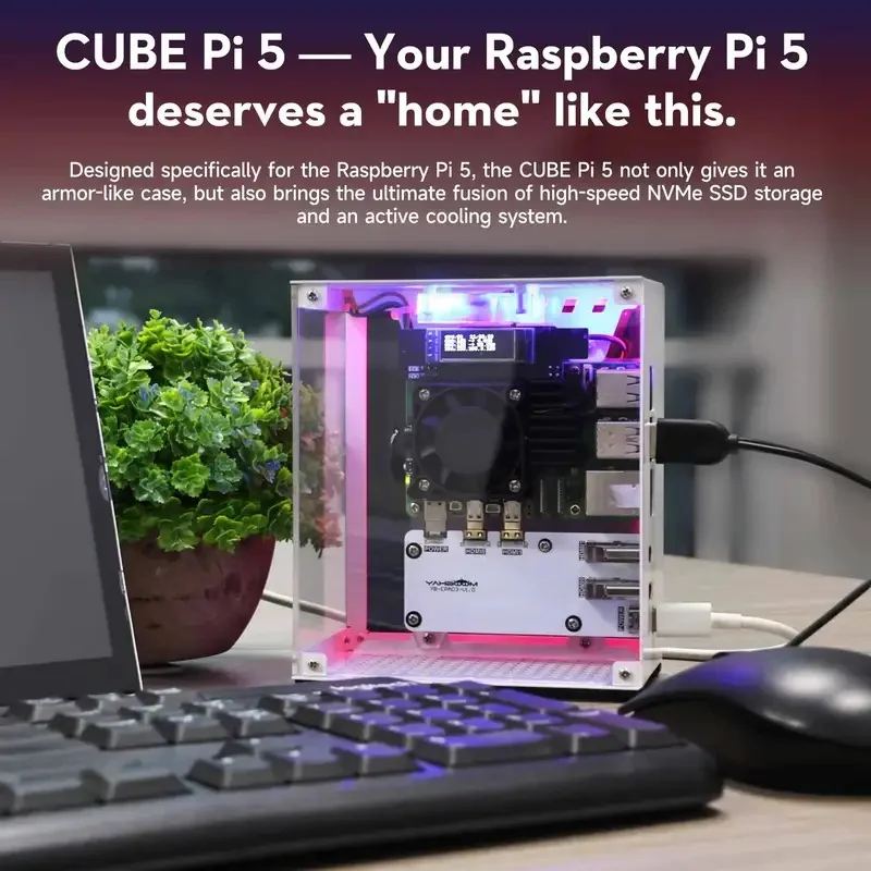 Raspberry Pi 5 Protect Case Kit With Cooling Fan RGB Light OLED Transparent Acrylic DIY Shell Support M.2 SSD Dual Cooling Ducts