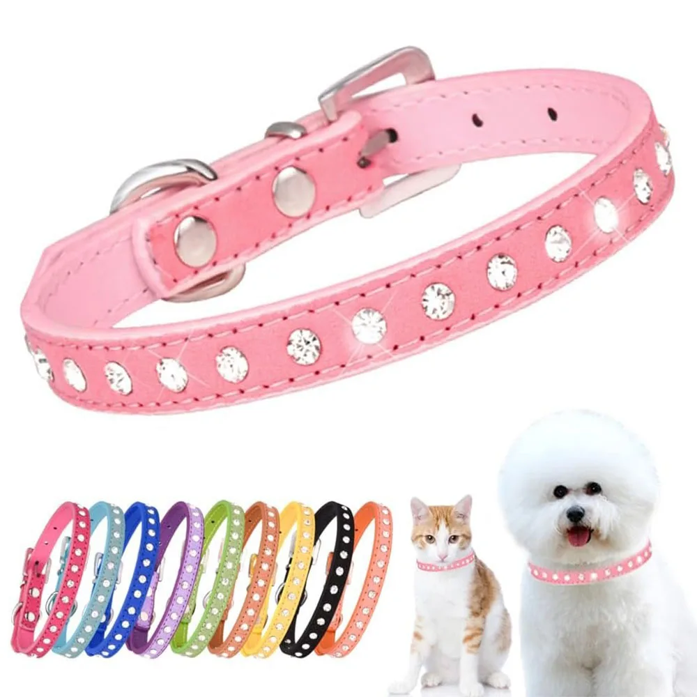 Rhinestone Dog Collar, Adjustable PU Leather Pet Collar, Soft Crystal Diamond Neck Collar-5PCS（Random Color）