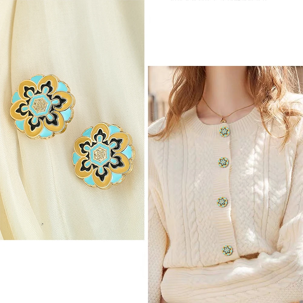 2pcs Ethnic Enamel Color Flower Shape Buttons for Clothing Dress Coat Suit Cardigan Sewing Scrapbook Accessories Wholesale