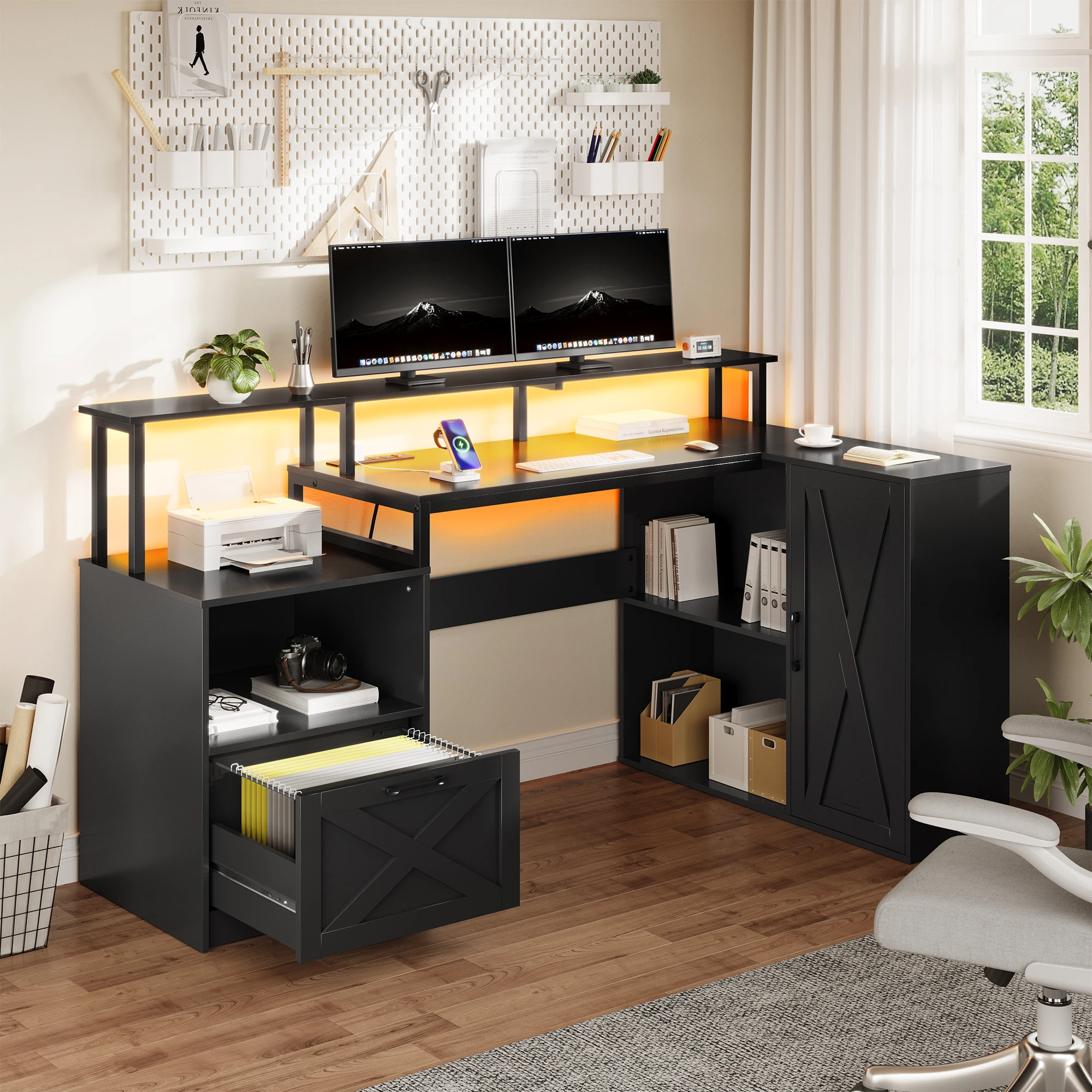 

L Shaped Desk Computer Desk With Power Outlets & Led Lights