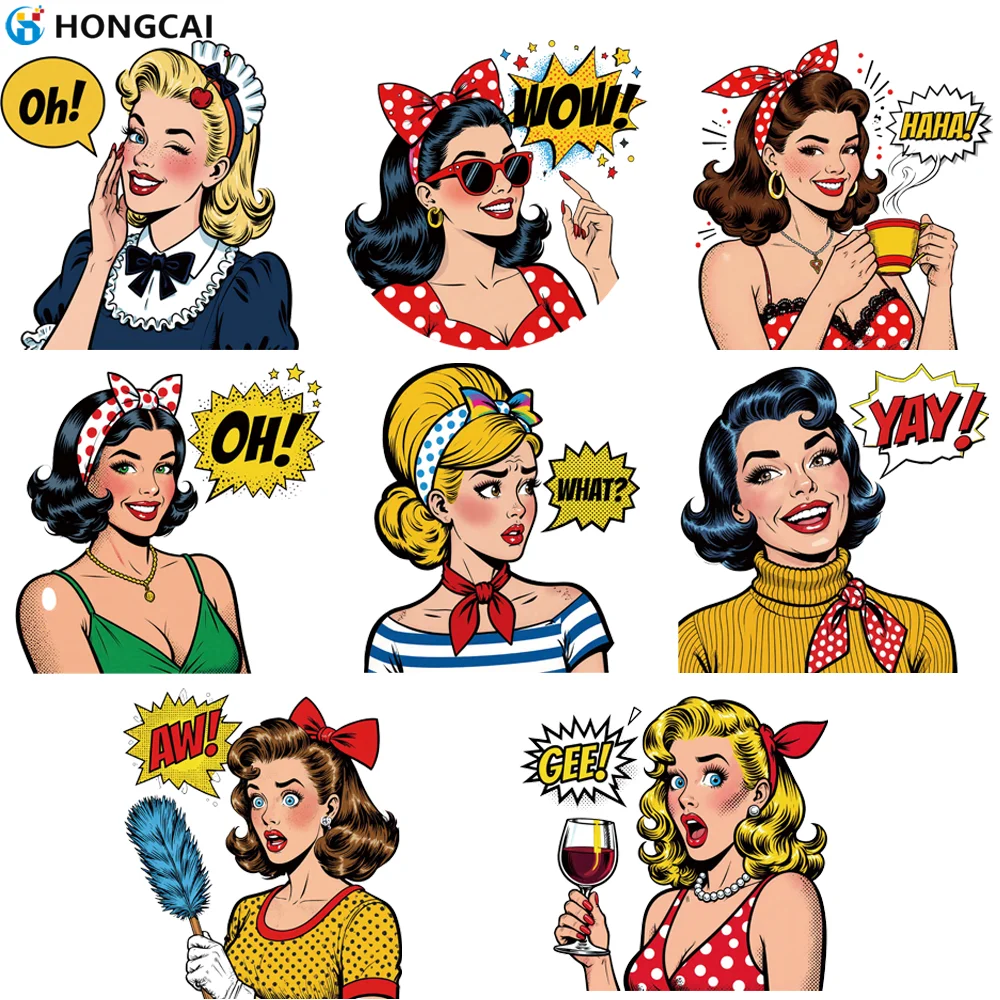 Set of 8 Retro Pop Art Pin-Up Girl Heat Transfer Iron On Stickers, Vintage 50s Woman Cartoon Iron-On Patches for T-Shirt DIY