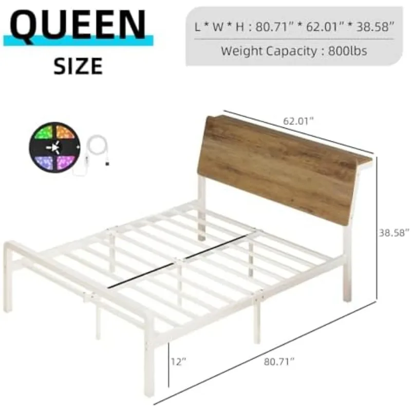 Queen Bed Frame with Storage Headboard, Metal Platform Bed with LED Lights, Ergonomic Design, Heavy Duty Metal Slats