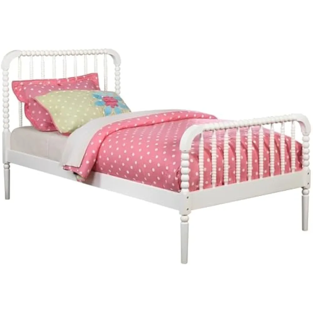 

Zoey Twin Size Solid Wood Slat Panel Bed Frame with Bobbin Design in White, for Girls, Kids, No Box Spring Needed