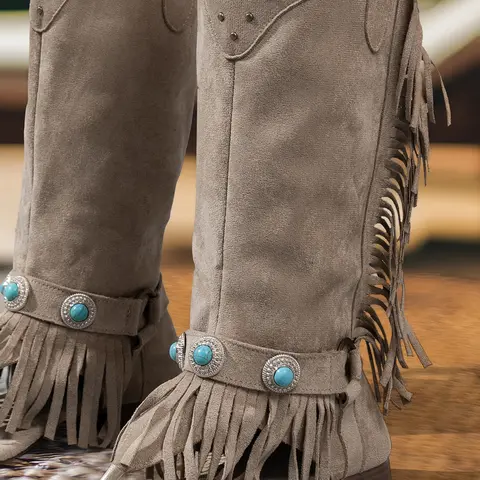 Damsandaler med vintage- och fransmönster och nitar, bohemiska höga slingor 8 best sales nitade sandaler - №1