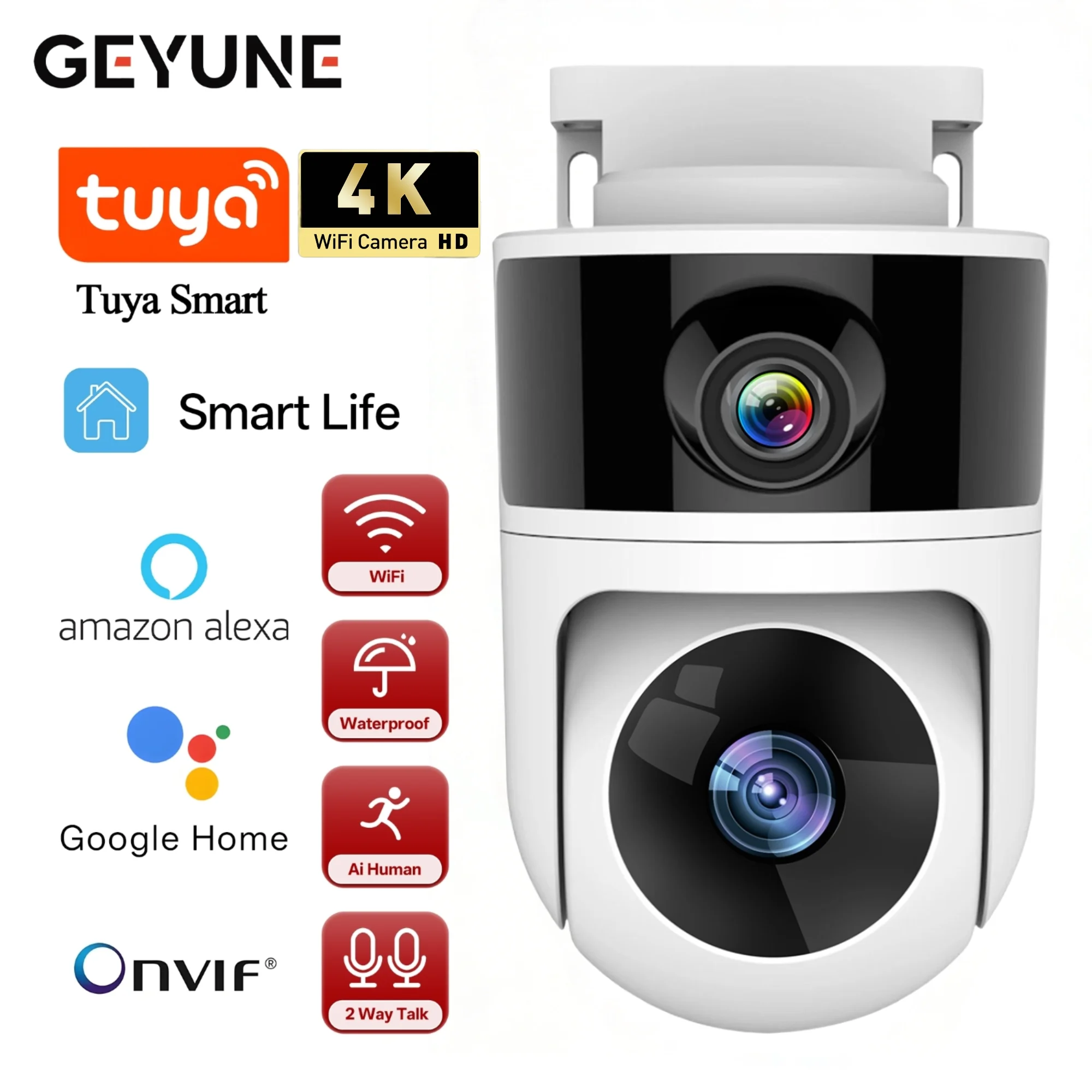 

4K 8МП Wi-Fi камера Tuya с двумя объективами, PTZ, для улицы, с двумя экранами, ИИ-отслеживанием человека, автоматическим отслеживанием, видеонаблюдение с поддержкой Alexa и Google