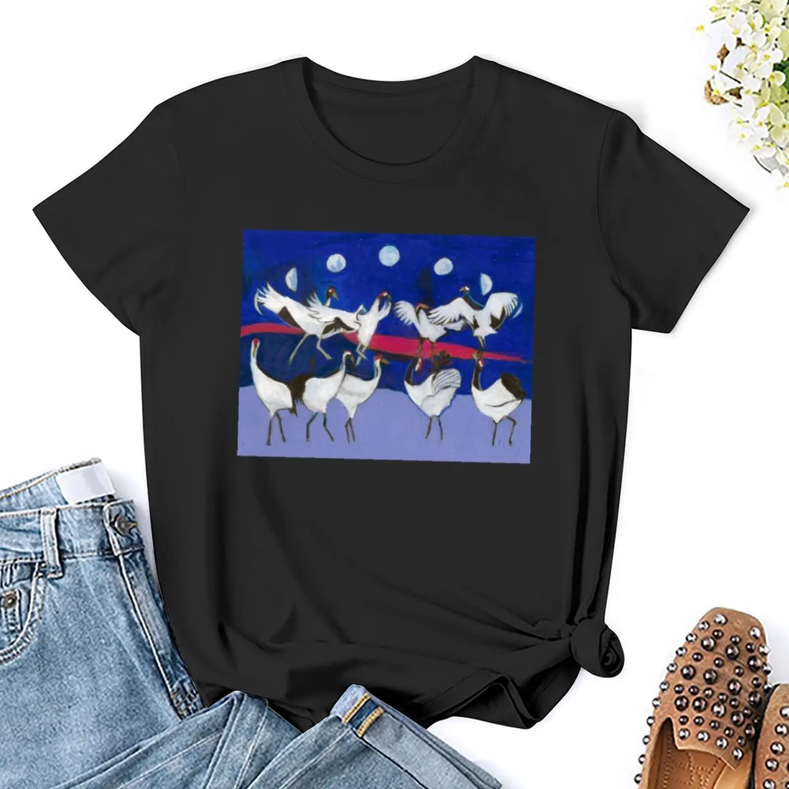 Nine Dancing Cranes T-Shirt plus size tops summer clothes cute tops workout shirts for Women loose fit