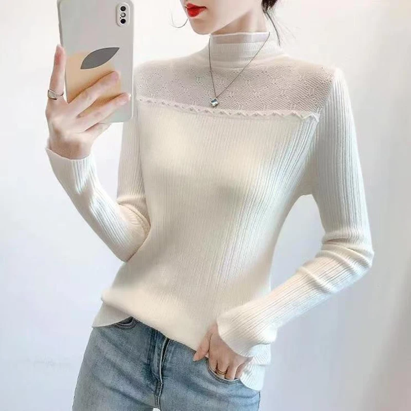 Half High Neck Hollow Out Rivet Pullover Sweater Lace Patchwork Slim Bottom Sweater 2023 New Fashion Long Sleeved Casual Sweater